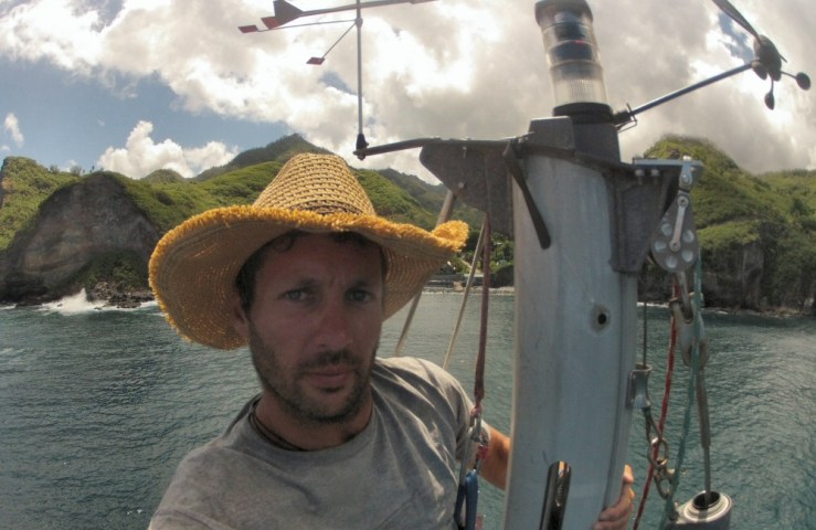 Checking the gear at the top of the mast